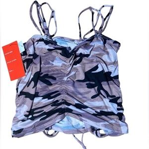Hot Kiss Tank Top Womens Jrs Large Rouched Adjustable Stretch Camo Crop NEW